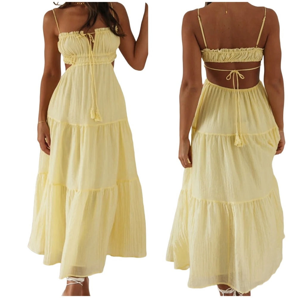 Yellow Ruched Tie Up Maxi Dress - NWOT